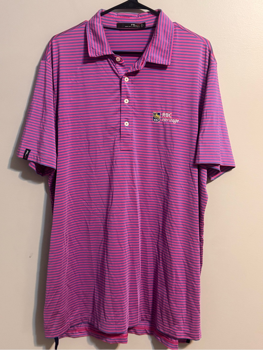 RLX Ralph Lauren RBC Heritage Golf Polo Men’s L Pink Blue Stripe PGA